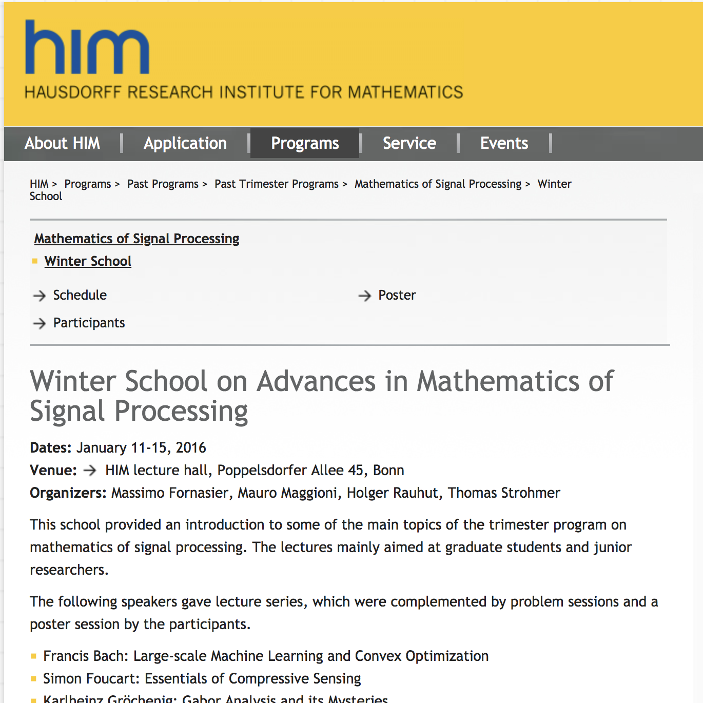 Winter School on Advances in Mathematics of Signal Processing